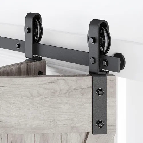 Miniatura 11 de Kit de riel de herrajes para puerta corrediza de granero plegable de 70 pulgadas, rodillo en forma de J negro montado en el lateral, suave y Negro-J