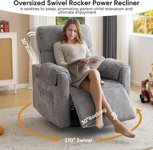 Miniatura 6 de Silla reclinable eléctrica extragrande, sillón basculante giratorio de 26" extra ancho con reposacabezas ajustable, silla de chenilla para guardería