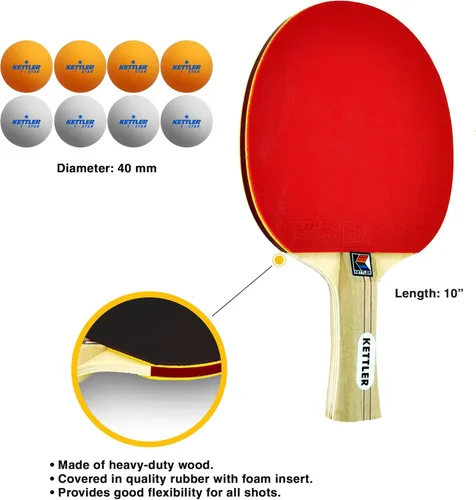 Miniatura 7 de Kettler Advantage paquete para tenis de mesa en interiores: conjunto para 4 jugadores (4 raquetas/paletas de pádel y 8 pelotas)
