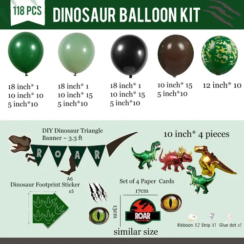 Miniatura 6 de Decoraciones de Fiesta de Cumpleaños de Dinosaurio kit de arco de globos verde cazador negro marrón con mini globos de papel de aluminio de dino