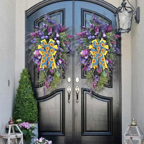 Miniatura 5 de Estivaux 2 lazos de girasoles de primavera para corona, lazos de corona de verano, lazos amarillos y blancos a cuadros, lazos de arpillera azules