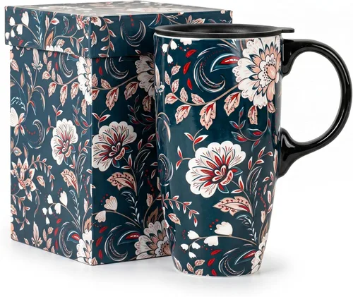 Topadorn Taza de Café de Cerámica de Porcelana Latte Taza de Té con Tapa y Caja de Regalo 17oz, Flor Azul