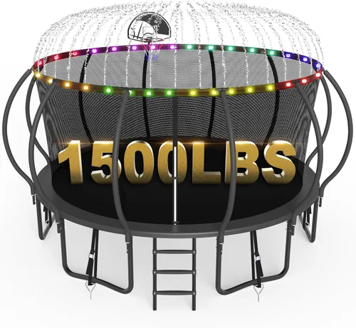 SKYUP 2026 Upgraded 8 10 12 14 15 16 FT 1500lbs Tranpoline for Kids and Adults with Light+Sprinkler+Socks, Recreational Tranpoline with Basketball