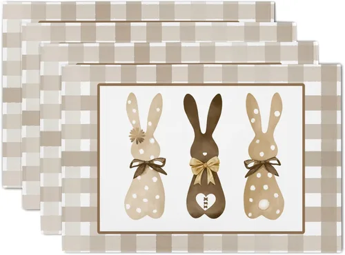 Miniatura 16 de Juego de 4 manteles individuales de búfalo de Pascua, diseño de conejo, zanahorias, vintage, color blanco y negro, lavable, resistente al calor