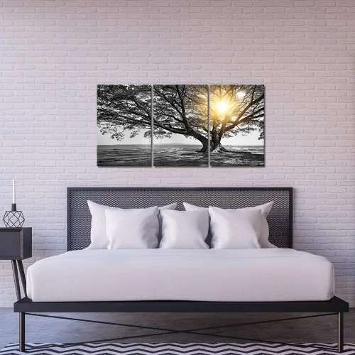 Miniatura 3 de Biuteawal Arte de pared de 3 piezas de árbol blanco y negro al amanecer cálido paisaje fotográfico, impresiones en lienzo de árbol de la vida