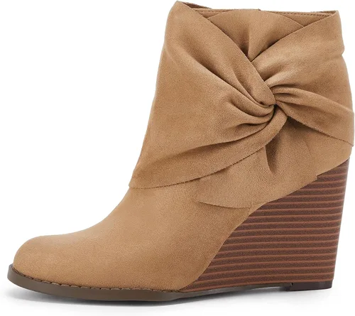 Miniatura 4 de Fashare Botines de cuña para mujer, tacón de lazo, tacón apilado, zapatos de vestir de invierno, Negro, Café