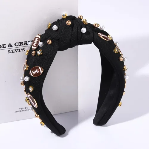 Miniatura 3 de Diadema de fútbol para mamá, accesorios de perlas con diamantes de imitación anudados, banda ancha para el pelo negra, diadema de nudo superior