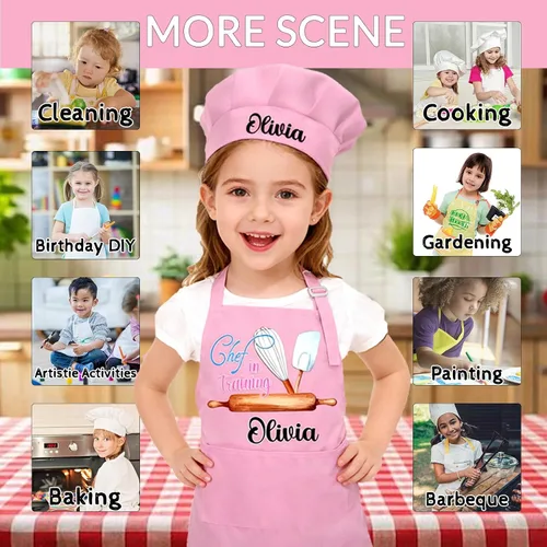 Miniatura 5 de Delantal personalizado para niños con nombre, delantales personalizados y sombrero de chef, diseño de foto para cocinar, hornear, pintar