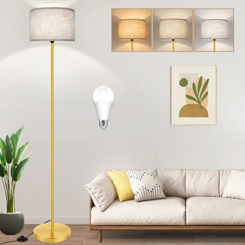 Miniatura 13 de Lámpara de pie de 65’’ moderna y simple con interruptor de pie, lámpara de pie plateada para sala de estar con bombilla LED de 3 colores Plata+crema