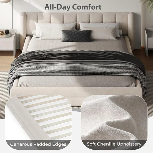 Miniatura 4 de DEINPPA - Marco de cama tamaño Queen con cabecero suave tipo nube, base de cama de madera con tapizado de chenilla, no necesita somier - Beige