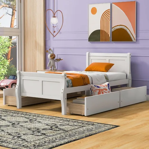 Miniatura 24 de Cama de plataforma de madera de tamaño individual con cabecera en forma de casa, soporte de listones de madera, para dormitorio de niños, niñas