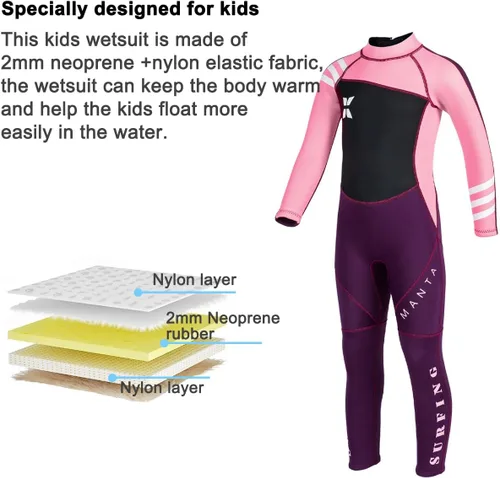 Miniatura 2 de Traje de neopreno completo para niños de 0.098 pulgadas (0.098 in), protección UV, mantiene el calor, trajes de neopreno de manga larga para Rosa