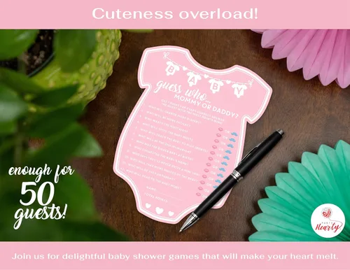 Miniatura 4 de Juegos de Baby Shower de Party Hearty para Niña, 50 piezas Juego de Adivina quién es la mamá o el papá en rosa, tarjetas de actividad divertidas