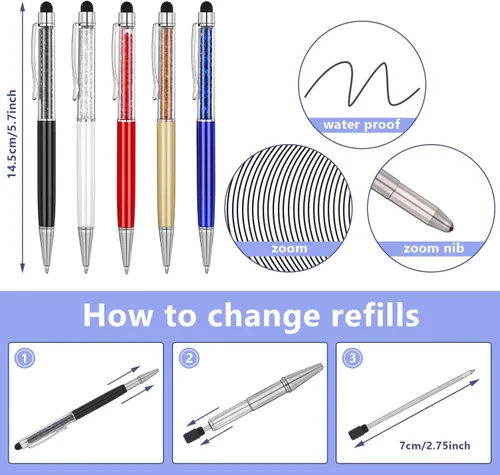Miniatura 5 de MengRan Lindos bolígrafos con punta de lápiz capacitivo, bolígrafos de tinta negra 2 en 1 y bolígrafos de cristal delgado para pantallas táctiles 12