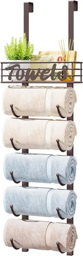 Miniatura 15 de HapiRm Toalleros para almacenamiento de baño, 3 niveles sobre la puerta y montaje en pared, organizador de toallas enrollado con cesta de estante