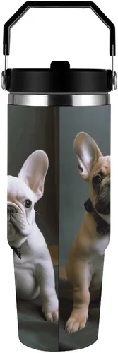 Miniatura 3 de French Bulldog Puppies Tumbler with Handle 30oz Vacuum Insulated Stainless Steel Water Bottle Leakproof Hot Coffee Travel Mug Iced Coffee Cup