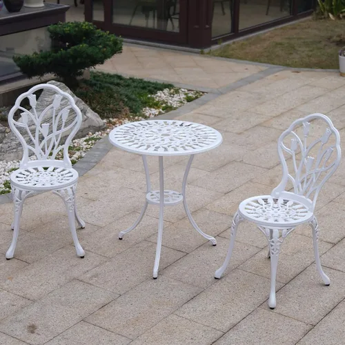 Miniatura 9 de KAILI Juego de 3 muebles de patio de aluminio fundido para patio, jardín al aire libre, mesas y sillas a prueba de óxido, juego de bisrto blanco
