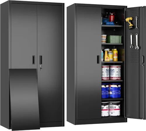 71" Black Lockable Metal Storage Cabinet, Garage Steel Cabinet with 5 Adjustable Shelves, 2 Locking Doors, Tool & File Organizer for Home, Office,