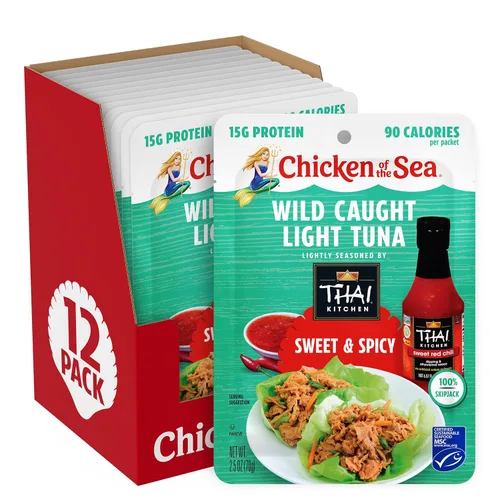 Miniatura 17 de Chicken of the Sea Atún ligero capturado en agua de manantial, paquetes de 2.5 onzas, 12 unidades, atún alto en proteínas 100% en agua, comidas