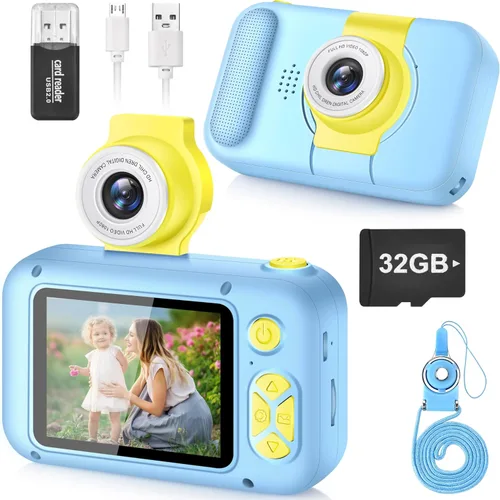 ARNSSIEN Cámara para niños, cámara digital de juguete para niños pequeños con lente abatible de 180°, pantalla IPS de 2.4 pulgadas, tarjeta de 32