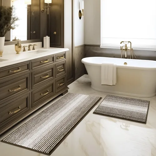 Miniatura 55 de BSICPRO Juegos de Alfombras y Tapetes para Baño, Juego de Alfombra de Baño de Felpilla Gruesa Absorbente de 2 Piezas Antideslizante, Tapetes Suaves