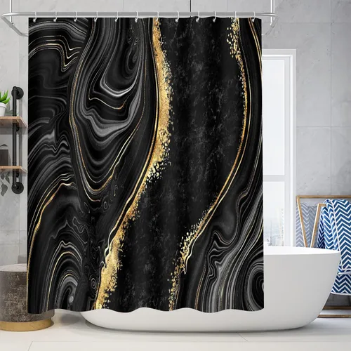 Miniatura 6 de Nkzply Juego de 4 Piezas de Cortinas de Ducha de Mármol Negro con Alfombras, Juegos de Baño Dorados con Cortina de Ducha y Alfombras, Accesorios