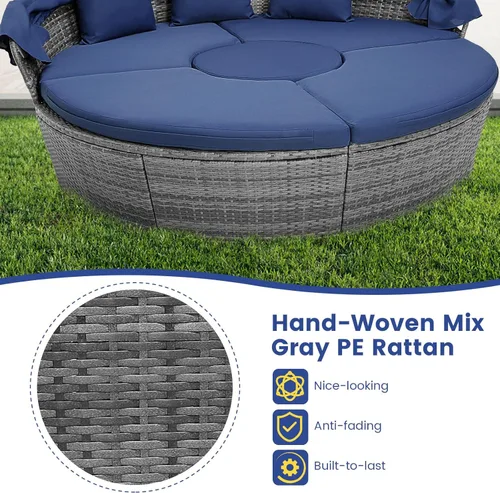 Miniatura 7 de HAPPYGRILL Sofá cama al aire libre con toldo, sofá modular de mimbre de ratán con mesa auxiliar, cojines, juego de conversación de patio para Gris