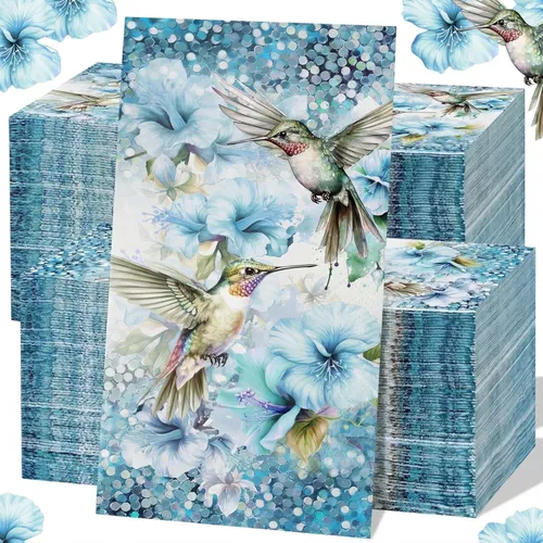 Jetec 200 toallas de mano desechables de flores azules de colibrí, toallas de mano de papel para baño, árbol, flor, pájaro, servilleta de papel,