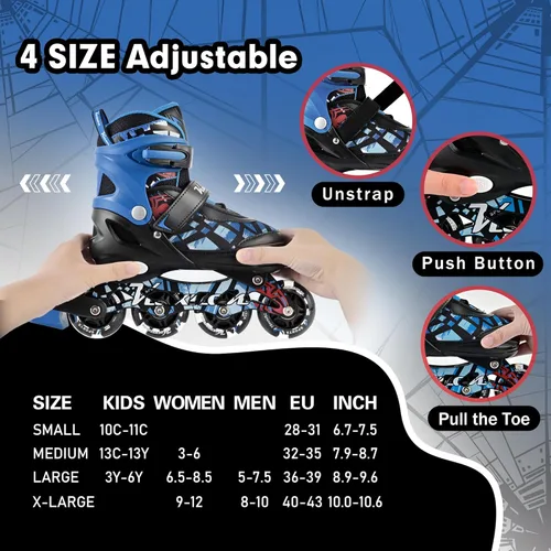 Miniatura 3 de Kuxuan Patines en línea ajustables para niños con ruedas iluminadas, divertidos patines iluminadores para niños, niñas y jóvenes Azul araña