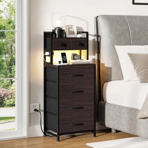 Miniatura 4 de REAHOME Mesita de noche de 41 pulgadas de alto con estación de carga, mesita de noche LED con 6 cajones de tela, mesa auxiliar de cama con estantes