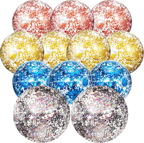 Miniatura 11 de Lewtemi 12 bolas de playa con confeti con purpurina a granel, bolas inflables grandes de 16 y 24 pulgadas para piscina con lentejuelas, decoraciones
