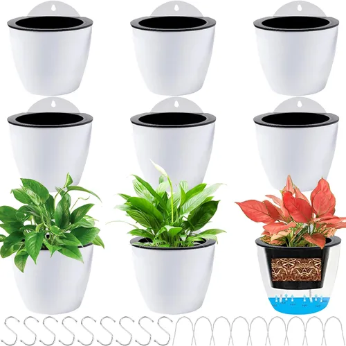Jucoan Paquete de 9 macetas colgantes de pared de riego automático para plantas de interior, maceta perezosa de plástico blanco de 5 pulgadas con 9