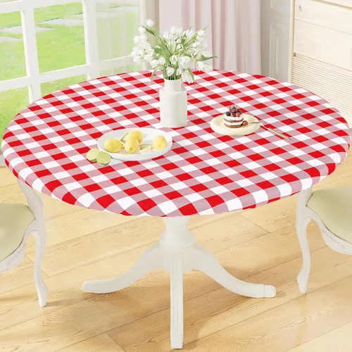 Miniatura 11 de misaya Mantel redondo ajustable con borde elástico, mantel de vinilo impermeable a cuadros de búfalo con parte trasera de franela para mesas