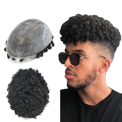 Miniatura 11 de Afro Curl Toupee para hombres unidades de cabello humano real para hombres negros inyectados PU tupé afroamericano para hombre postizo de pelo