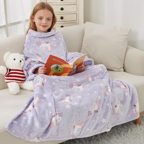 Miniatura 14 de Softan Manta de forro polar para niños con mangas y bolsillo para el pie para niños y niñas, manta ligera y suave, diseño de gato