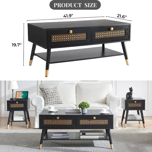 Miniatura 2 de Mesa de centro negra moderna de mediados de siglo con cajones de almacenamiento y estante abierto, mesa rectangular bohemia de madera maciza