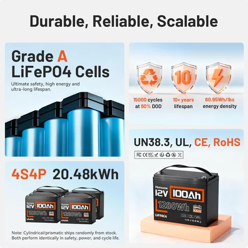 Miniatura 4 de Baterías LiFePO4 de 12 V y 100 Ah, sistema BMS de 100 A, tamaño Grupo 24, 1280 Wh, 15,000 ciclos y 10 años de vida; uso marítimo y solar, RV, fuera
