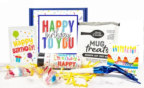 Miniatura 3 de Caja de cumpleaños con kit de tarta de taza, velas de fiesta, confeti y golosinas festivas, juego de regalo completo con tarjeta, mentas