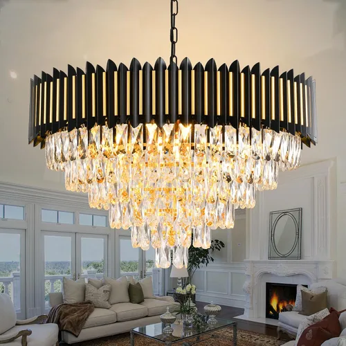 Candelabro moderno de cristal negro y dorado de 15 luces para comedor, sala de estar, redondo, 6 niveles, contemporáneo, colgante de techo, lámpara