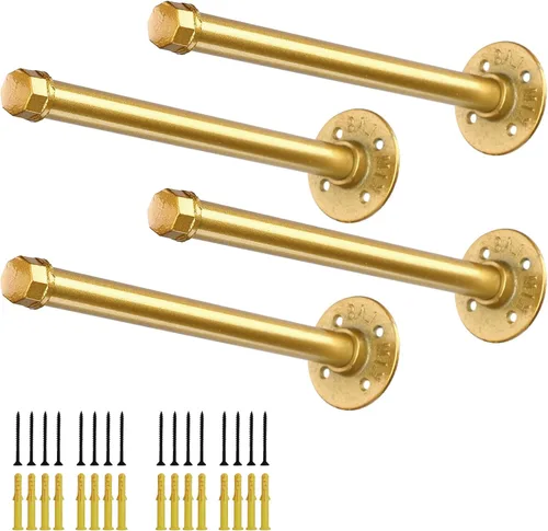 Soportes de estante de tubo dorado de 8 pulgadas, soporte de estantería vintage de metal industrial, soportes de tubería de hierro para montaje en