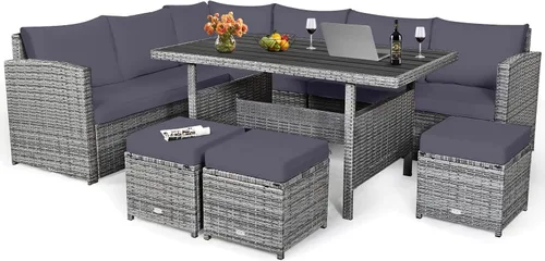 Miniatura 10 de HAPPYGRILL Juego de muebles de mimbre de ratán de 7 piezas, juego de muebles de patio al aire libre con cojines, juego de sofá de ratán con mesa