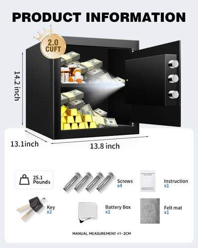 Miniatura 8 de Caja fuerte mediana VaultHex para el hogar - 2.0 pies cúbicos, gabinete montable con luz de movimiento y alarma dual, teclado digital y llave
