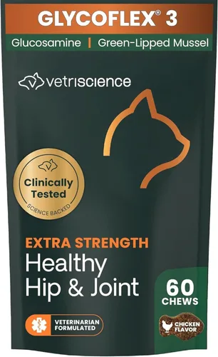 VetriScience Laboratories GlycoFlex 3, Suplemento para cadera y articulaciones de gatos, 60 pastillas de tamaño masticable