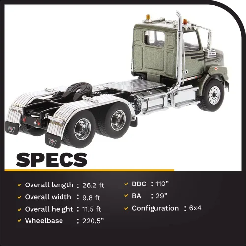 Miniatura 2 de Diecast Masters Western Star 4700 SB Tandem Day Cab Truck-Tractor - Verde Oliva Metálico Especificaciones de camiones reales Escala 1:50