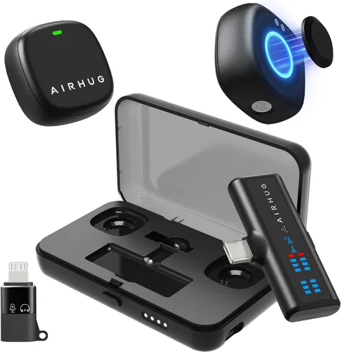 AIRHUG Micrófono Lavalier inalámbrico para iPhone/Android/PC, batería de 60 horas, 48 KHz 24 bits, relámpago Plug-Play/USB-C, 3 modos de grabación,