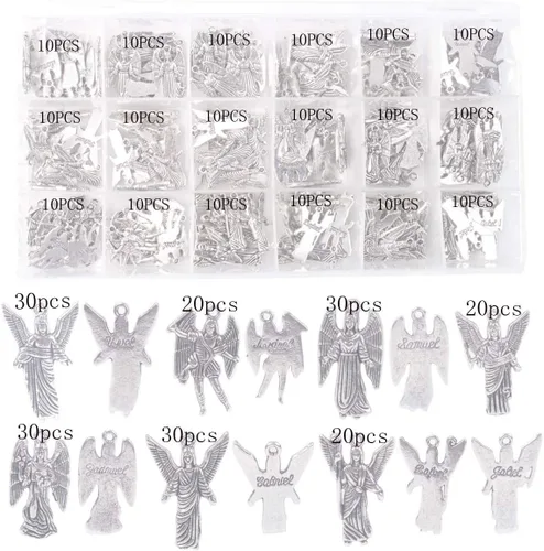 Miniatura 2 de ChangJin - Una caja de 180 dijes de ángeles de metal plateado envejecido para hacer joyas en almacenamiento (7 estilos), Metal, No es una piedra