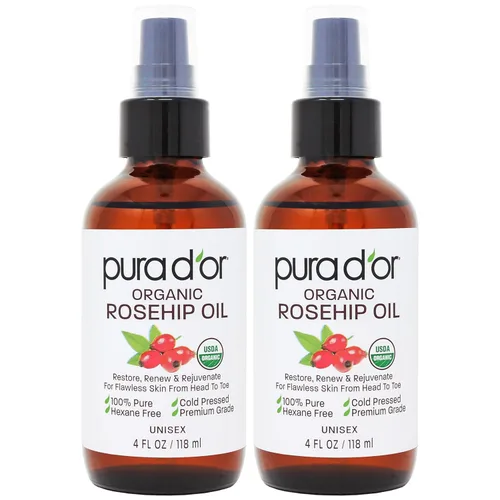 PURA D'OR Aceite de Semilla de Rosa Mosqueta Orgánico Relajante para el Cabello (4 Oz x2 = 8 Oz) 100% Puro Prensado en Frío Certificado USDA