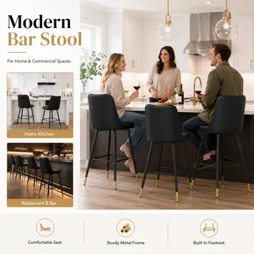 Miniatura 5 de Juego de 4 Taburetes de Bar, Taburetes de Bar de Altura de Mostrador con Respaldo, Taburetes de Cocina Modernos de Cuero Sintético, Taburete de Bar