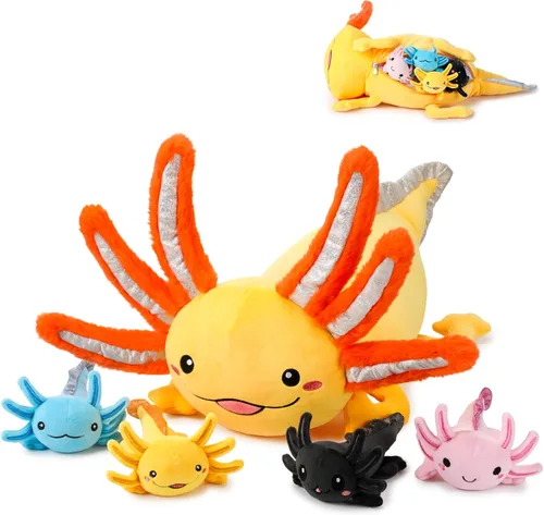 Miniatura 7 de Aoriher Juego de 5 piezas de peluche de ajolote de 24 pulgadas con 4 lindos bebés de peluche en el vientre, suave peluche para niños que duermen Azul