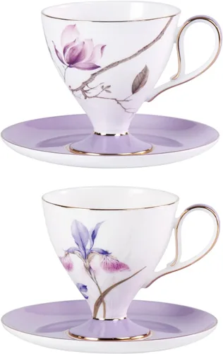 Miniatura 9 de KAMMAK Juego de 2 tazas de café de cerámica, tazas de café de porcelana con platillos, 6.52 onzas hechas a mano, elegante taza de té de porcelana